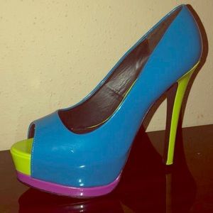Blue, green, and purple open toe heels